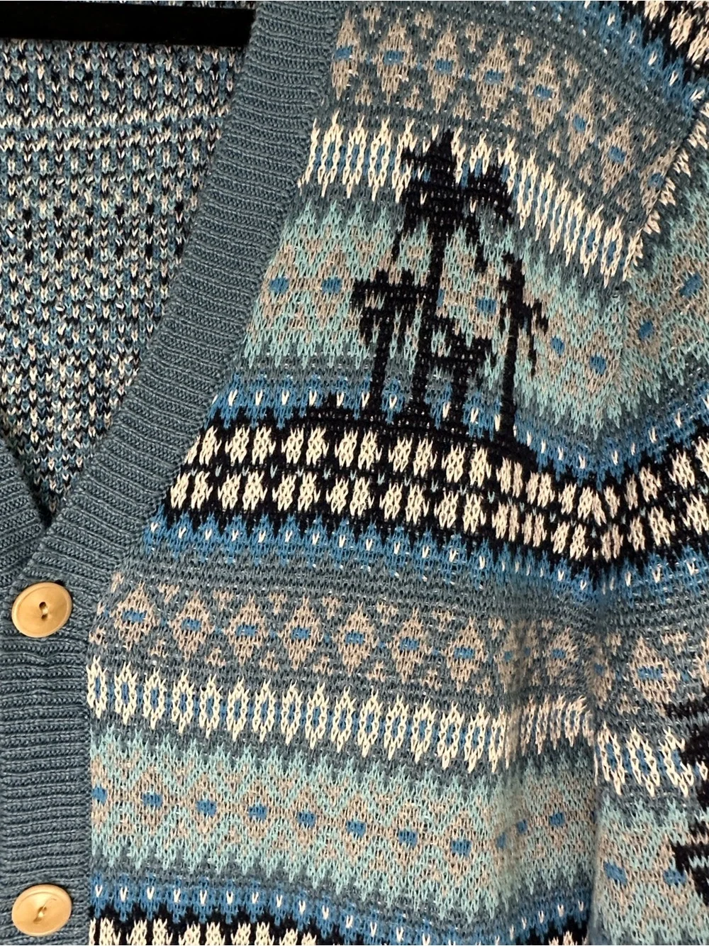 J. CREW Palm Tree Fair Isle Cardigan Blue Linen Cotton Coastal Beach Knit Size M